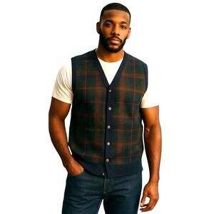 The Italian Sweater Co Button Front Vest Mens L Wool Blend Navy Green Plaid Knit